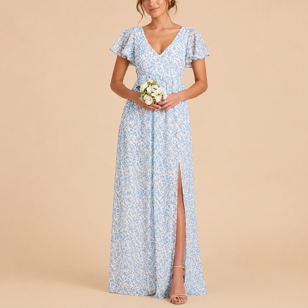 Birdy Grey Hannah Chiffon Maxi Dress XS Blue Floral Flutter Sleeve Cottagecore
